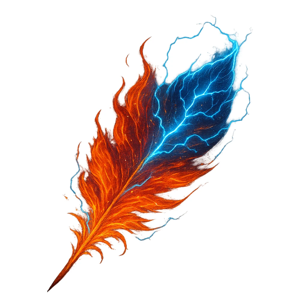 fiery phoenix feather, crackling with lightning, electric blue highlights, magical energy, detailed, vibrant, fantasy art sticker