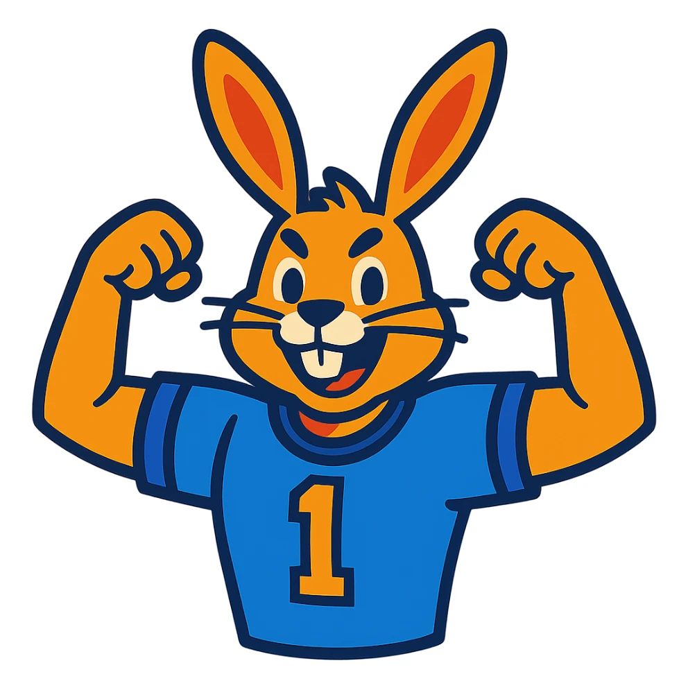 bunny mascot wearing a blue football jersey, flexing sticker