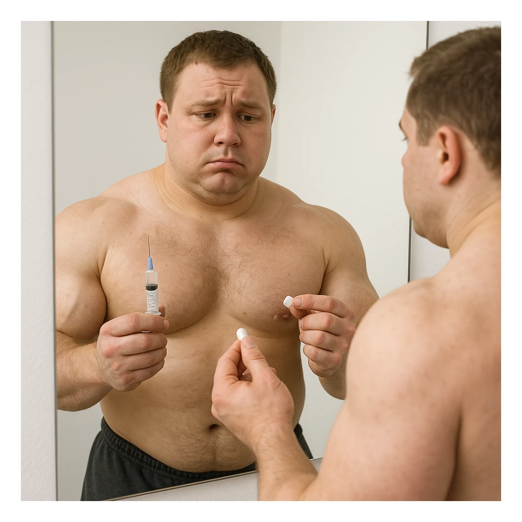 realistic beginner bodybuilder in front of mirror holding a syringe of testosterone and a pill of aromatase inhibitor, uncertain look, swollen muscles but puffy face, white background, 4K quality sticker