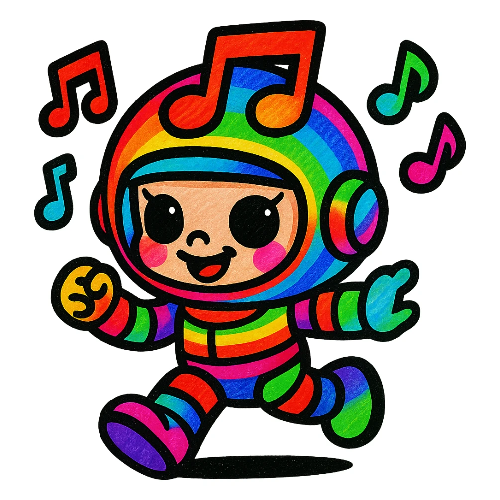 Add more vibrant colors to Popmart Space Molly as a Rednote emoji, keep playful and musical vibe, make helmet, suit, and musical notes multicolored, maintain cute cartoon style, no background. sticker