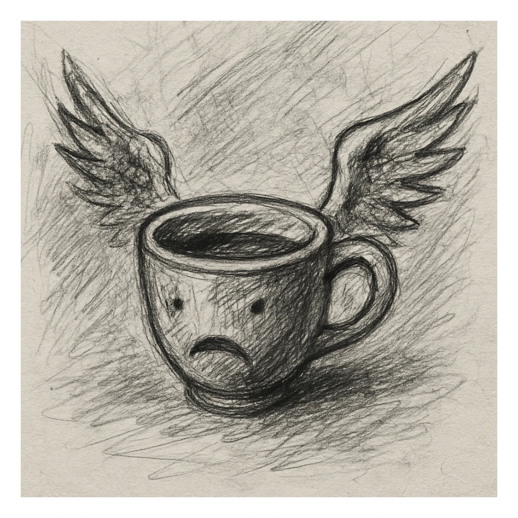 a cup with wings, pencil sketch style, rough and expressive, sketchbook background sticker