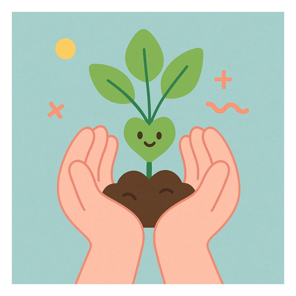 pair of hands holding a small plant, symbolizing care for the environment, soft pastel style sticker