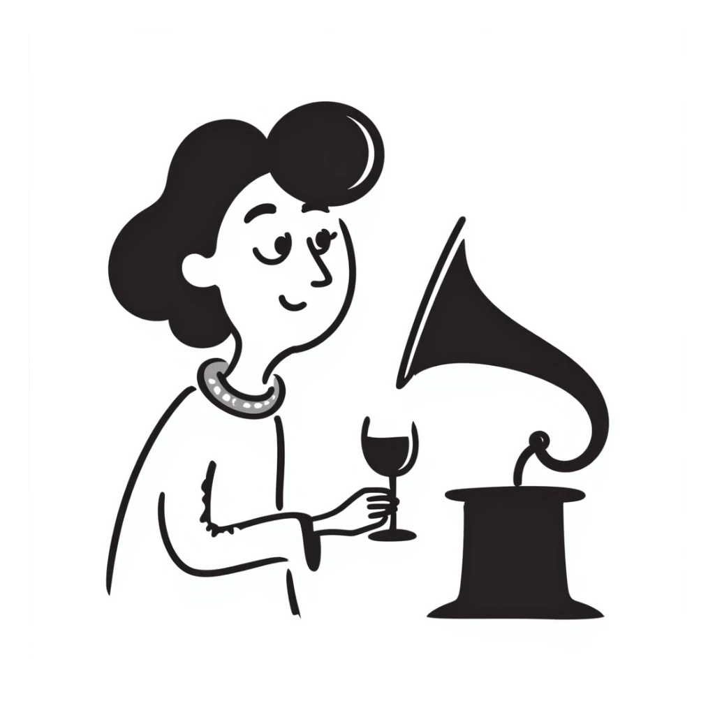 old lady with wineglass listening to gramophone sticker