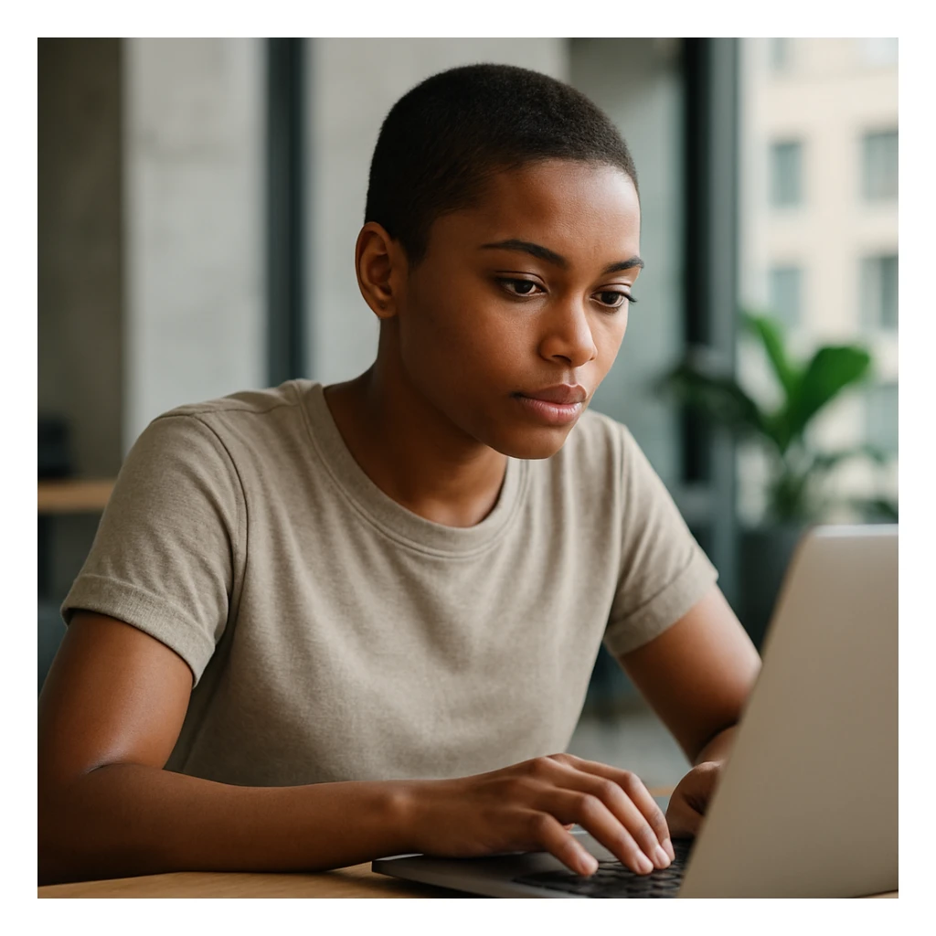 A short-haired girl with a dark complexion, white ethnicity, working on a laptop, modern setting, realistic style, natural lighting, detailed sticker