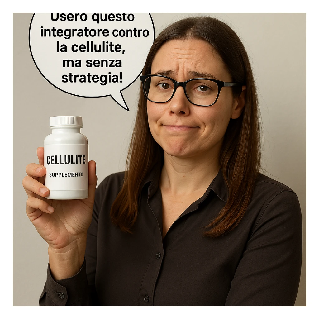 Create a hyperrealistic image of a woman similar to the reference photo. She is holding a supplement and saying: "userò questo integratore contro la cellulite, ma senza strategia!". Her expression is a mix of hope and uncertainty. The style is realistic with a neutral environment. sticker