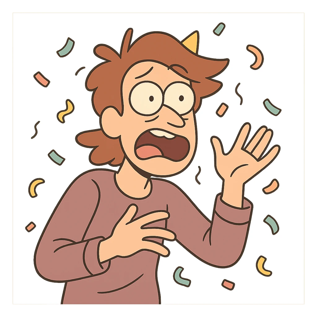 cartoon-style confetti pieces in various shapes and colors, scattered sticker