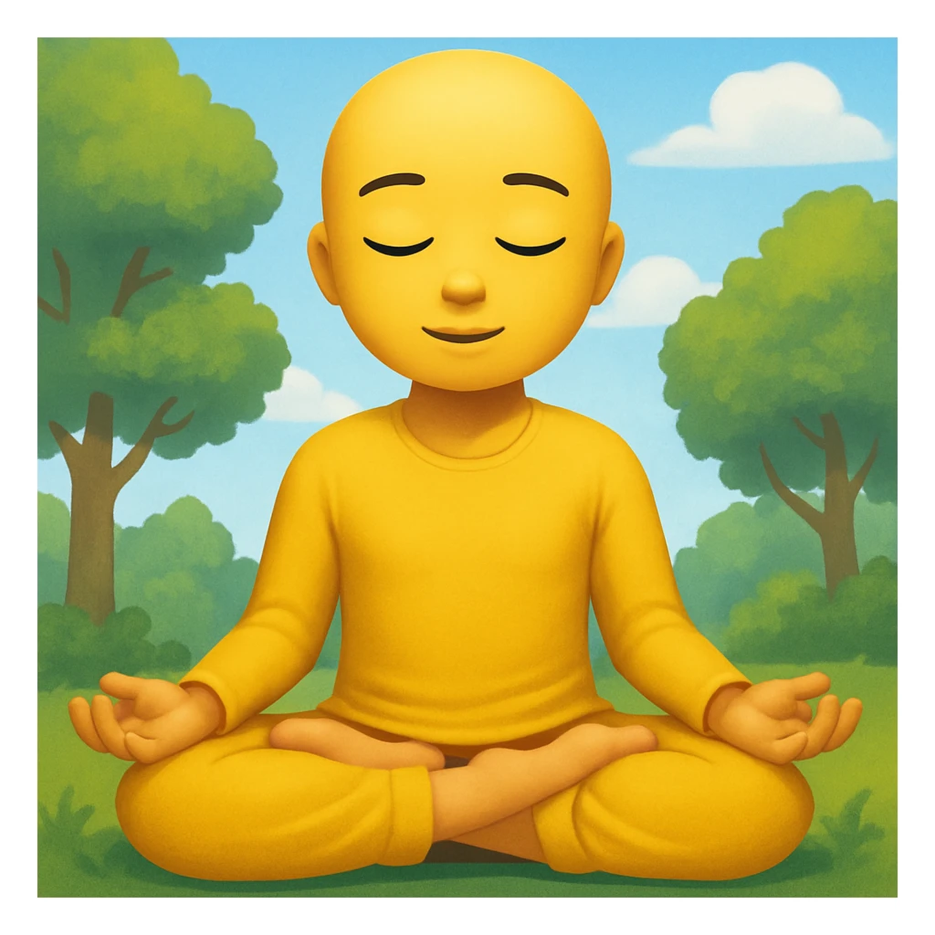 Add a peaceful nature background with trees and sky behind the meditating emoji, keep the classic emoji style sticker