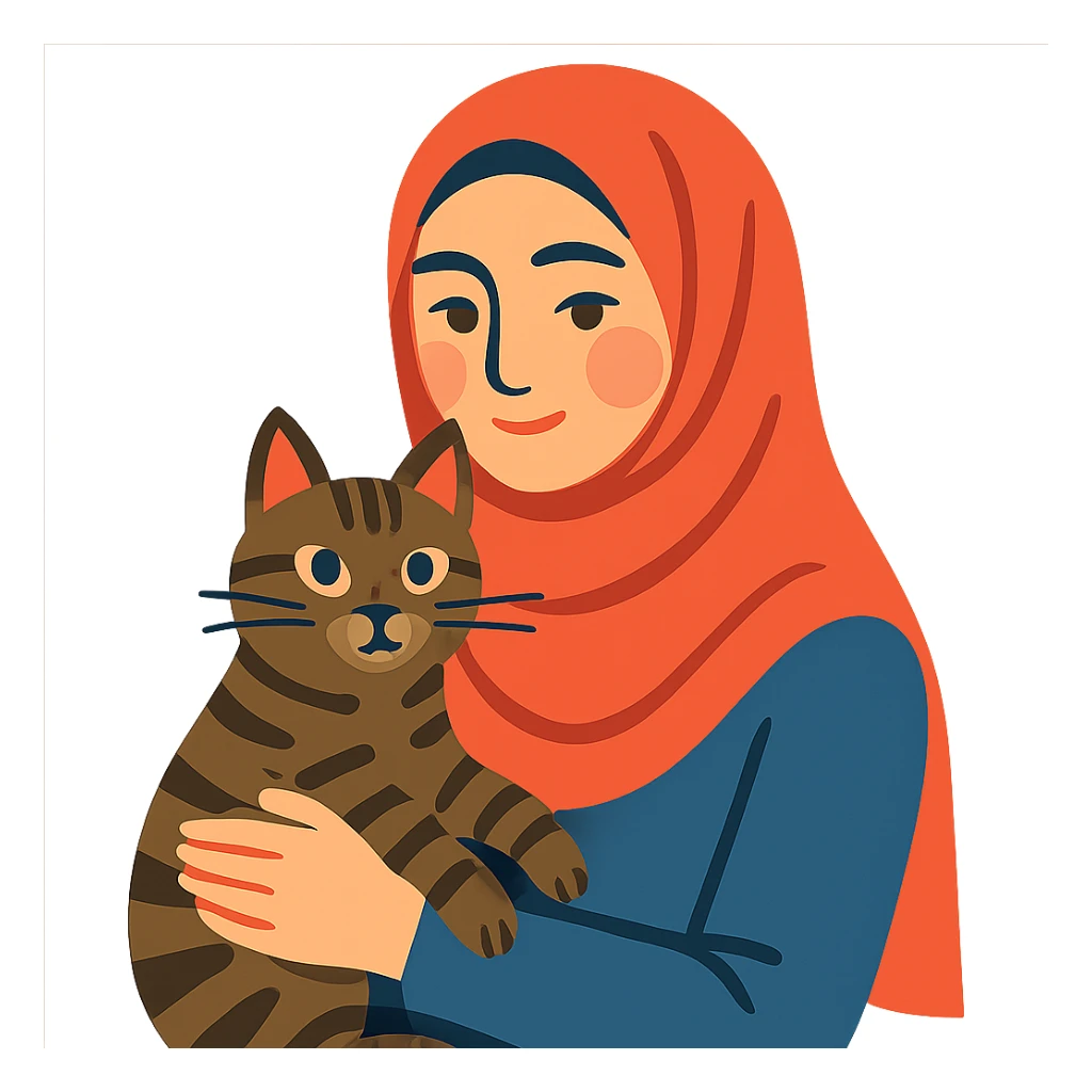 modern plain pashmina hijab woman holding a tabby cat, modern illustration style, soft expression sticker