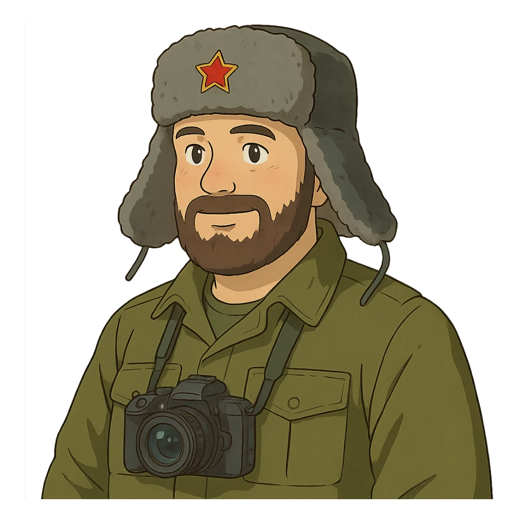 ghibli style Russian army military blogger wearing an ushanka hat sticker