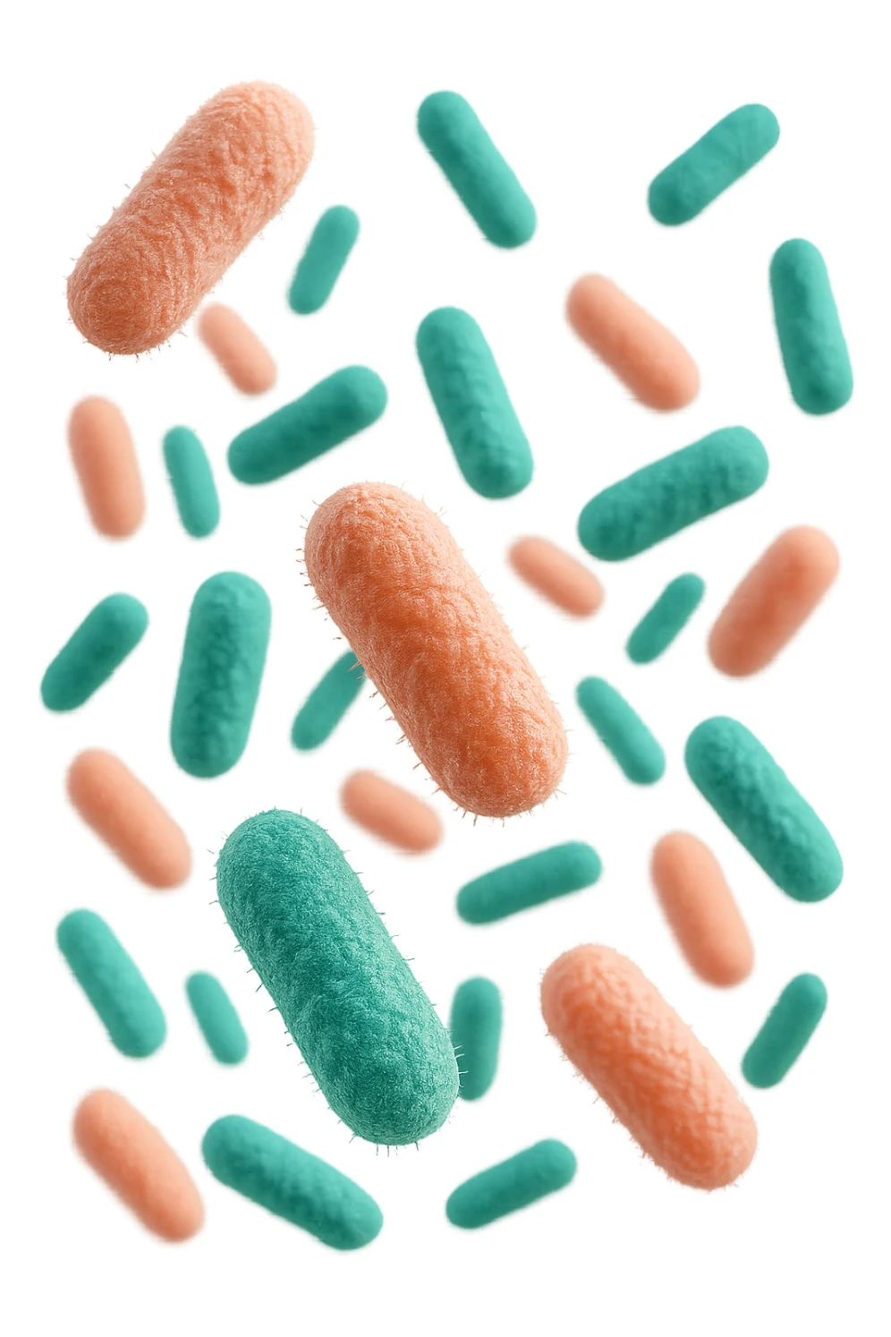 batteri intestinali rosa salmone e turchesi fluttuano in aria, iperrealistici 4k sticker