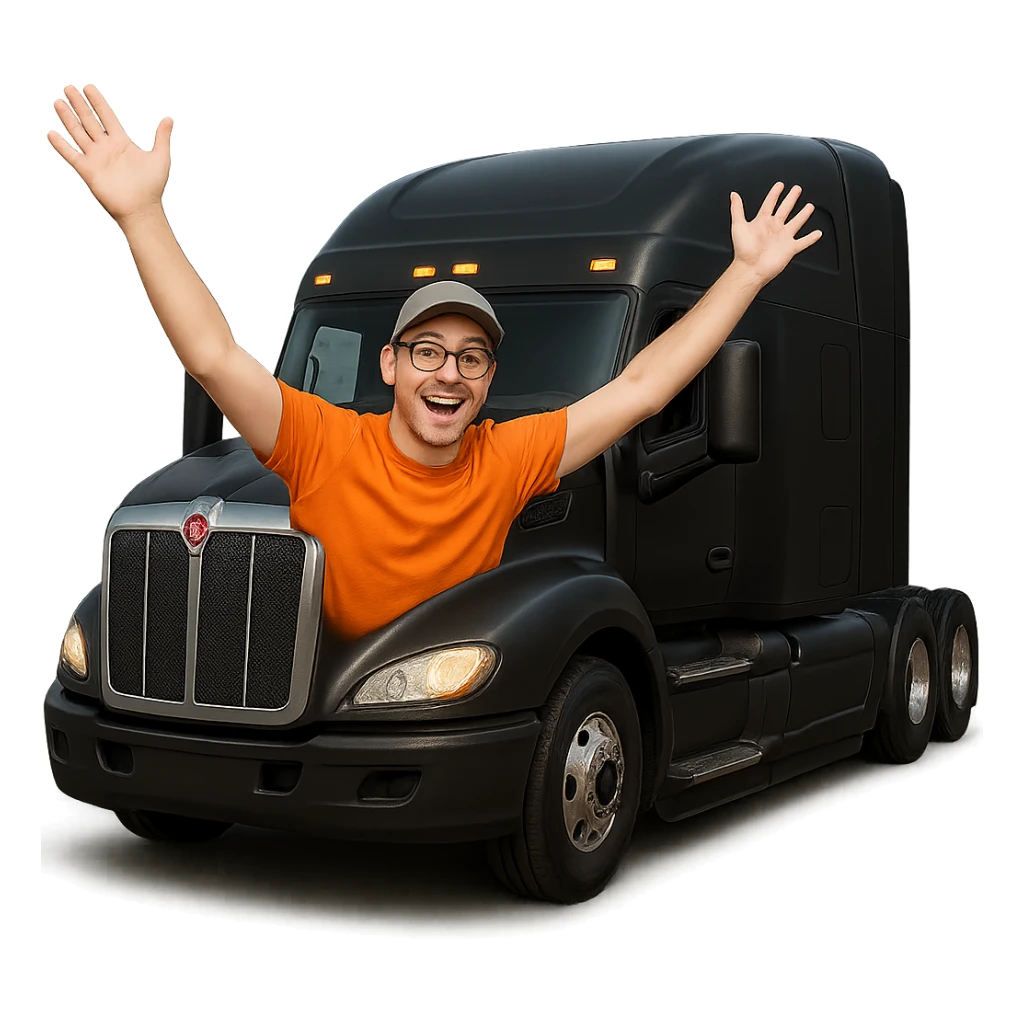 Create a realistic style image of the man from the previous image hanging out the window of a black Kenworth W680 sleeper semi truck, with his arms up in the air. The background should be transparent. sticker