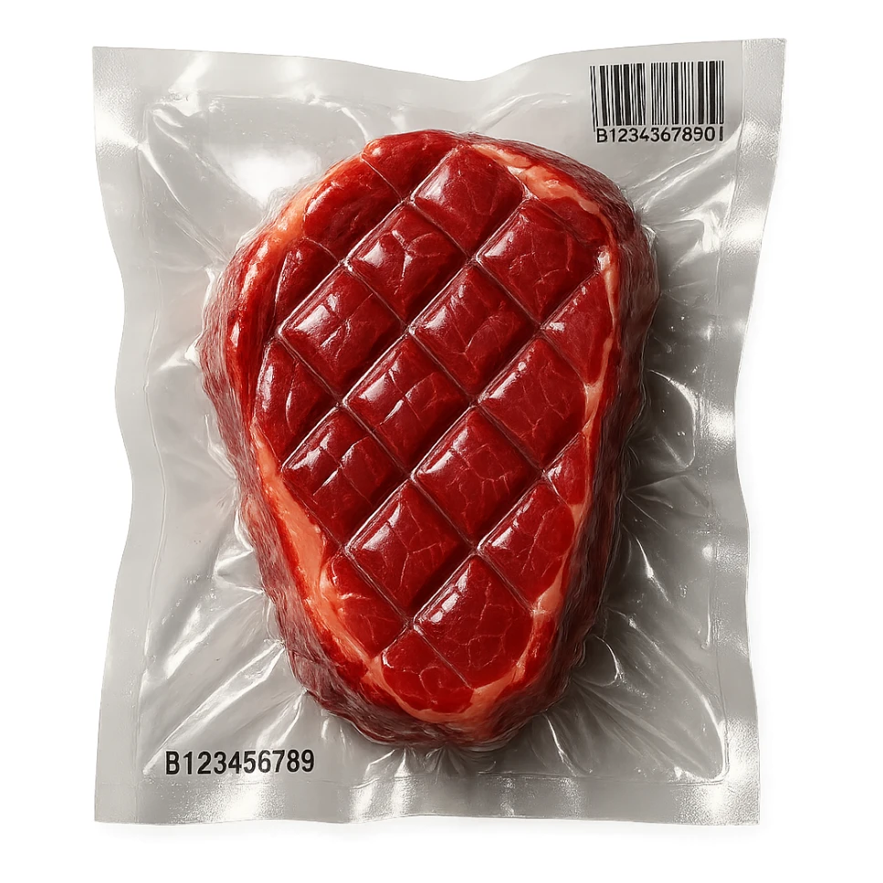 meat steak with diamond texture, shiny and inflated, vacuum-sealed style sticker
