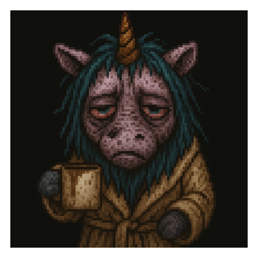 Add a rumpled bathrobe to the unicorn, keep the pixel art style, unicorn remains disgusting and rumpled with bags under his eyes, a drooping horn, and a dirty coffee cup. Pixel art style. sticker