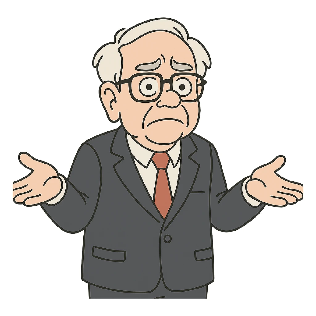 Warren Buffett with empty hands raised, looking lost, business attire, cartoon style sticker