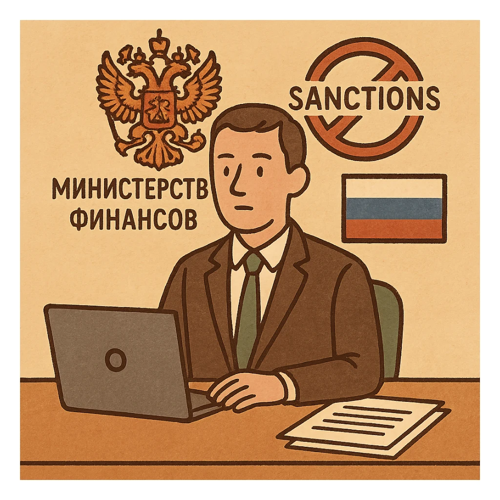 Russian Ministry of Finance employee dealing with sanctions, minimalistic, professional attire, neutral expression, clean office environment, Russian symbols integrated sticker
