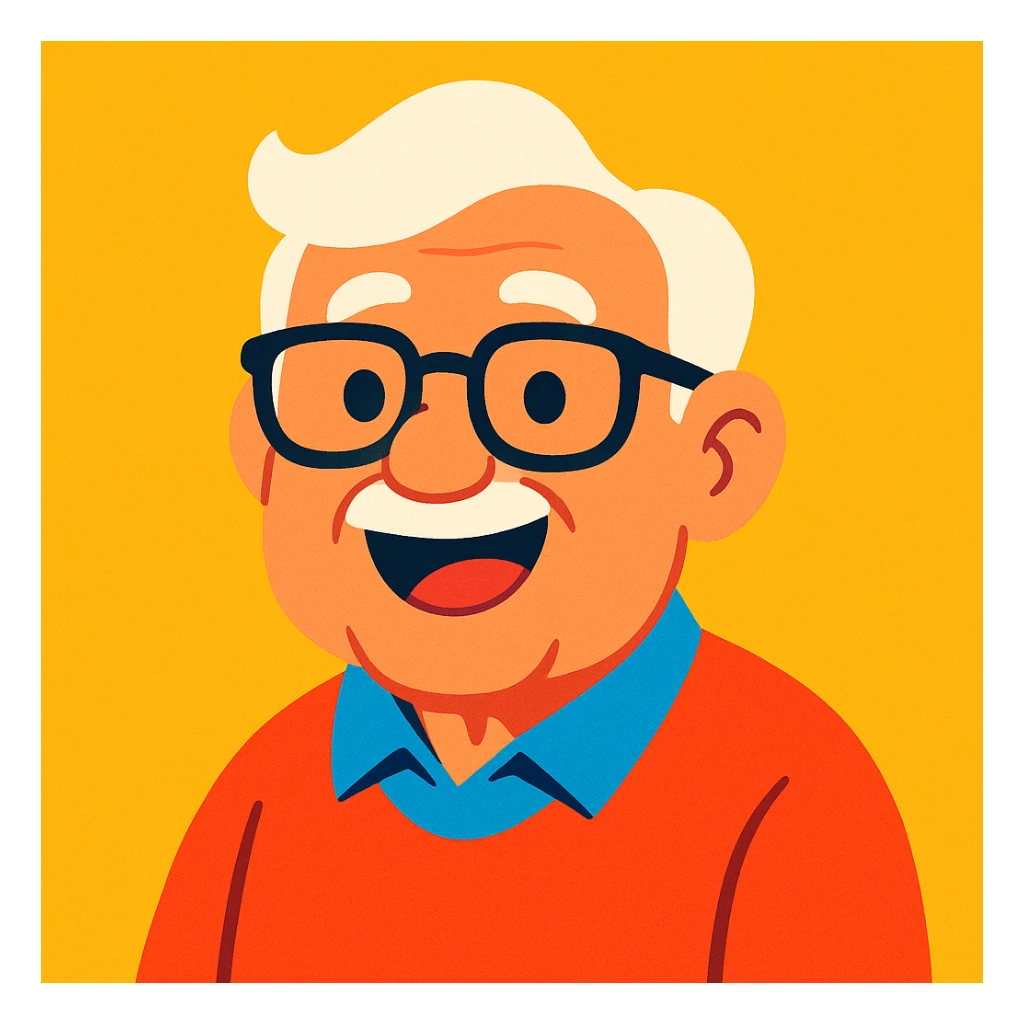 a smiling white-haired old man with black framed glasses, cartoon style, vibrant colors sticker
