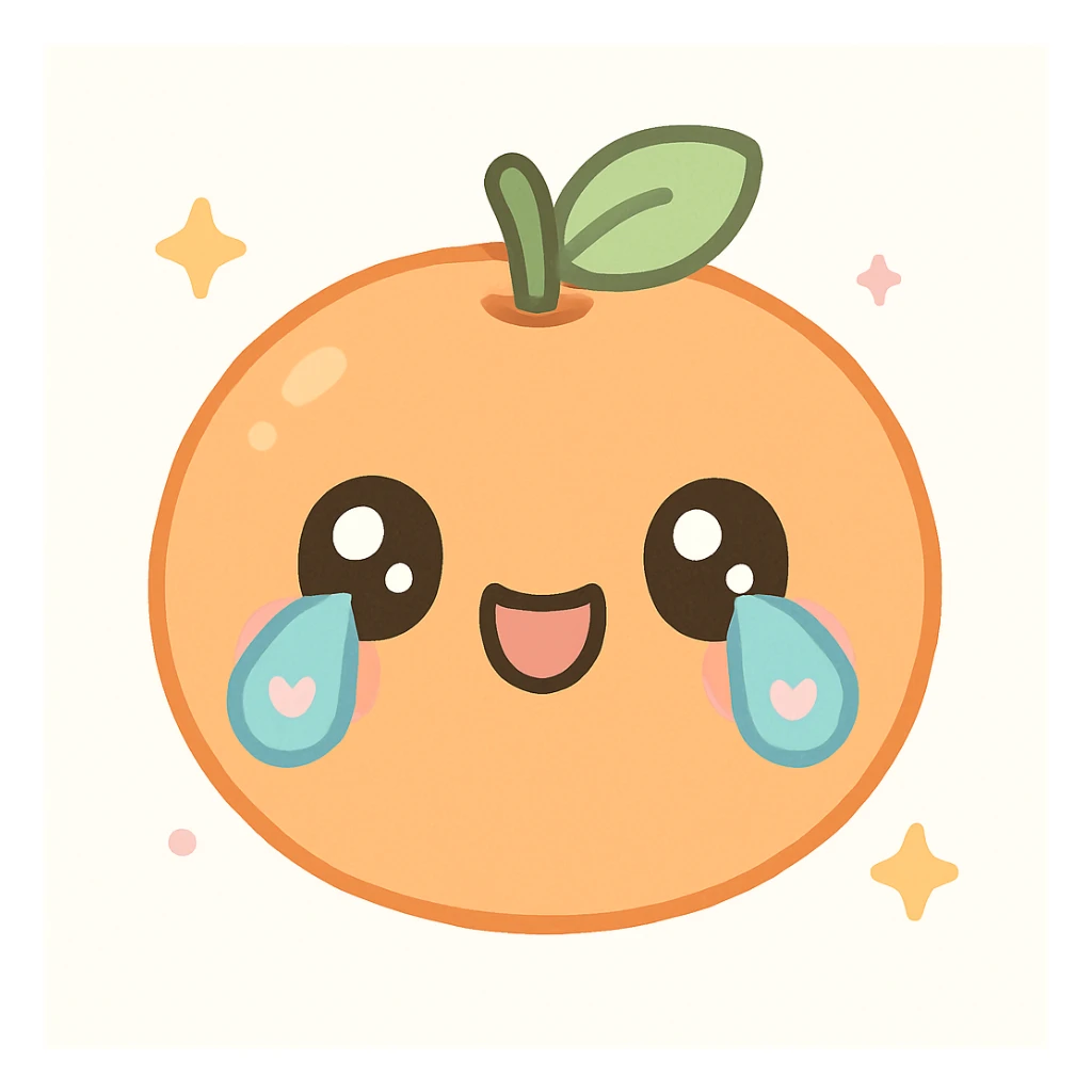 tangerine fruit with a laughing-crying expression, kawaii style, heart-shaped tears, cute mouth sticker