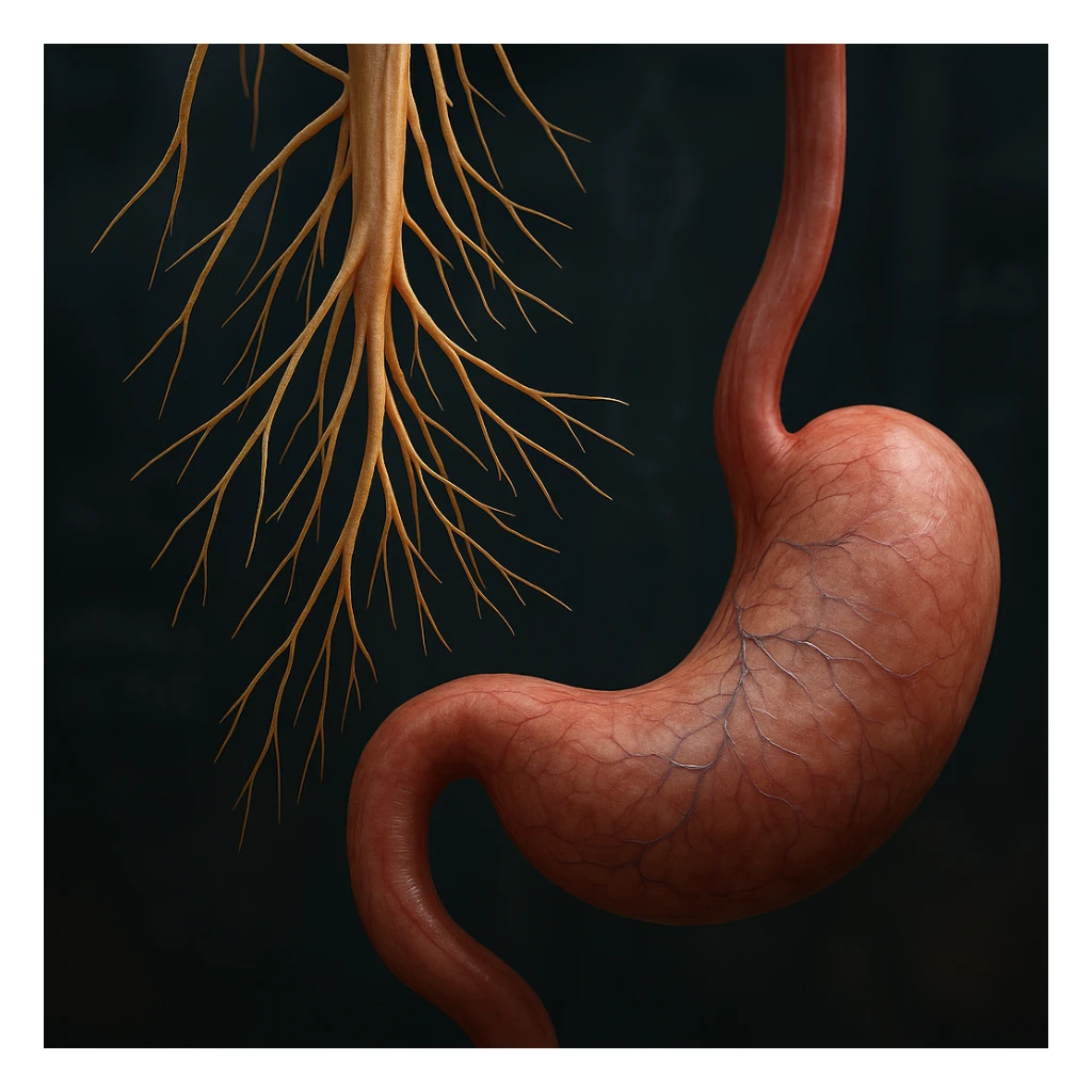 vagus nerve branching towards the stomach, hyper realistic 4K style, anatomical details, scientific atmosphere sticker
