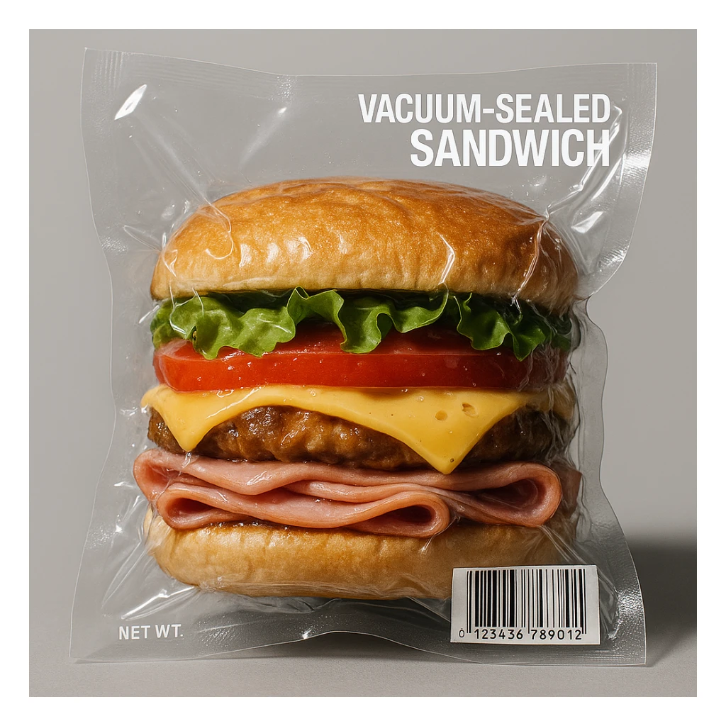 vacuum-sealed sandwich, compressed and glossy in clear plastic sticker
