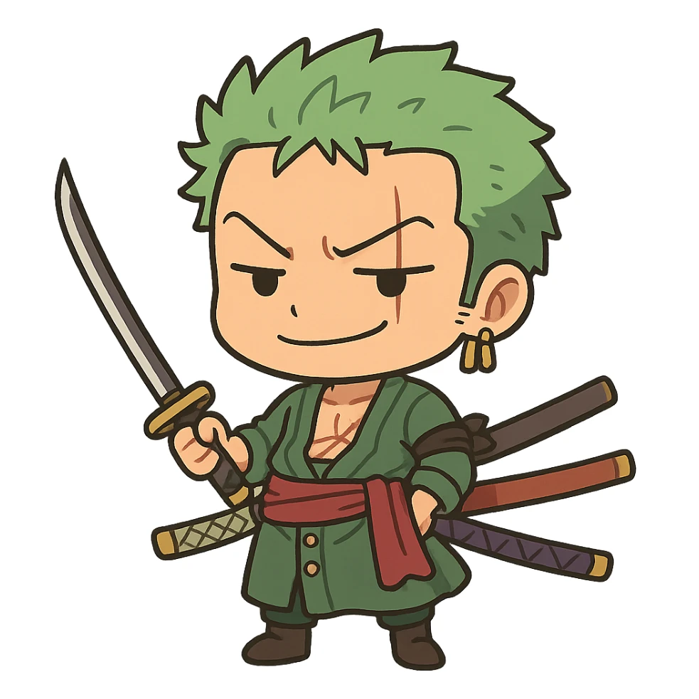 Zoro from One Piece in chibi cartoon style, cute and exaggerated features, green hair, three swords, confident expression sticker