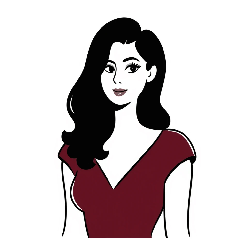 Sophisticated woman in her 30s with bright complexion, defined features, almond eyes with bold eyeliner and notable lashes, medium-thick eyebrows, straight elegant nose, thick bright red lips, voluminous dark straight hair with soft waves at ends, wine red velvet V-neck dress sticker