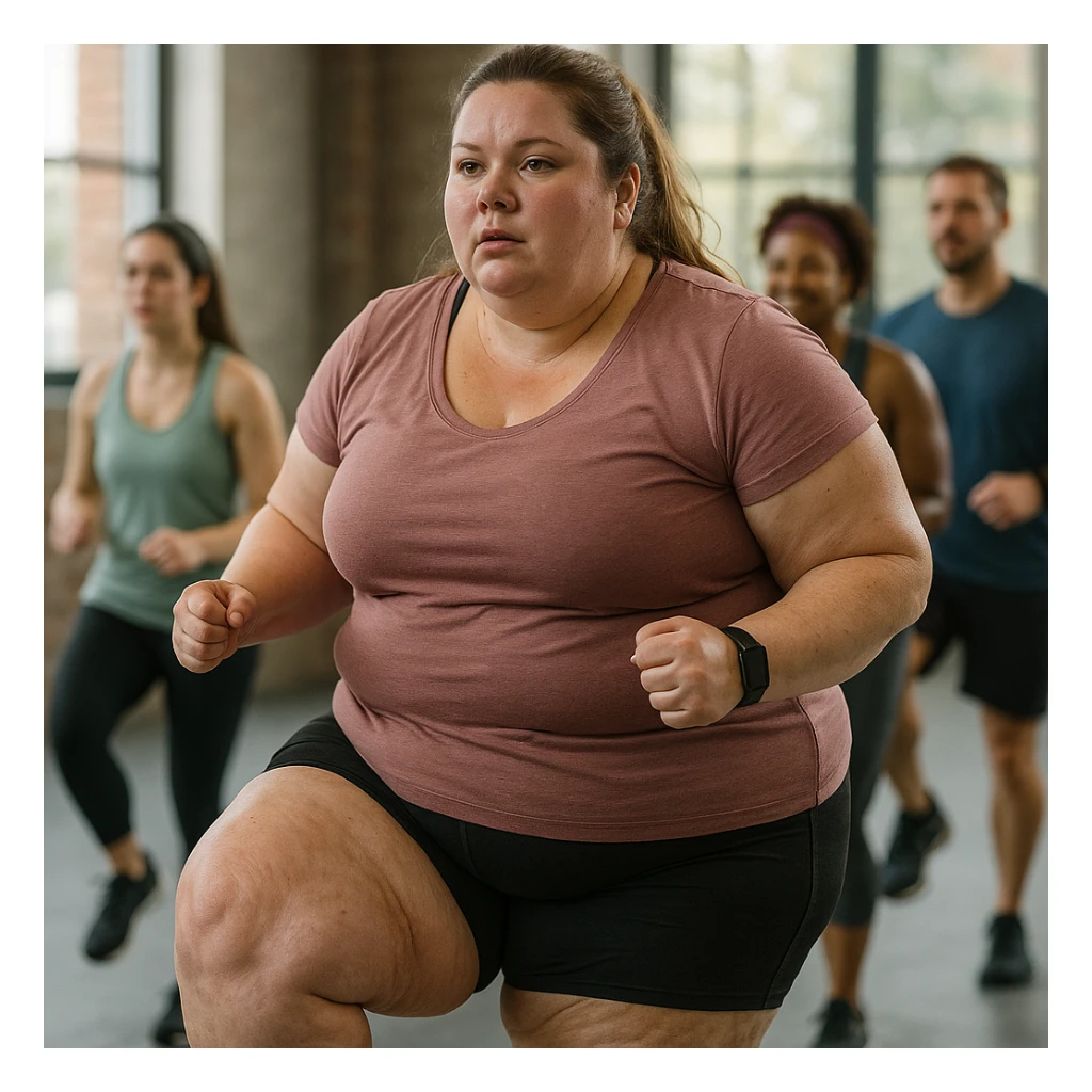 overweight woman training in group, stubborn fat on legs and thighs, hyper realistic 4K style, social atmosphere, realistic details sticker
