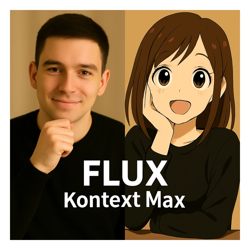 same similar image but chnage the text to "Flux Kontext Max", change people and pose too sticker