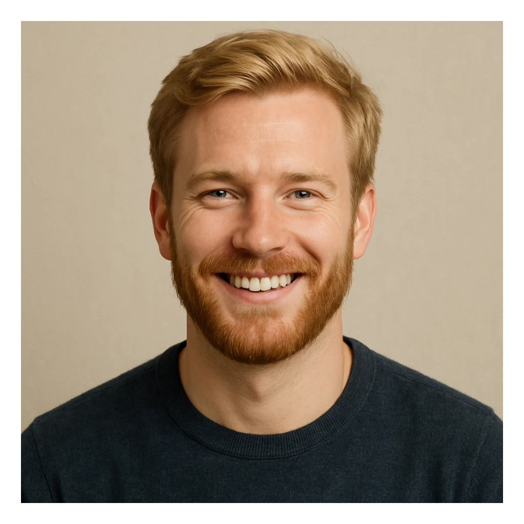 blonde man with a beard, smiling, head and shoulders, plain background sticker