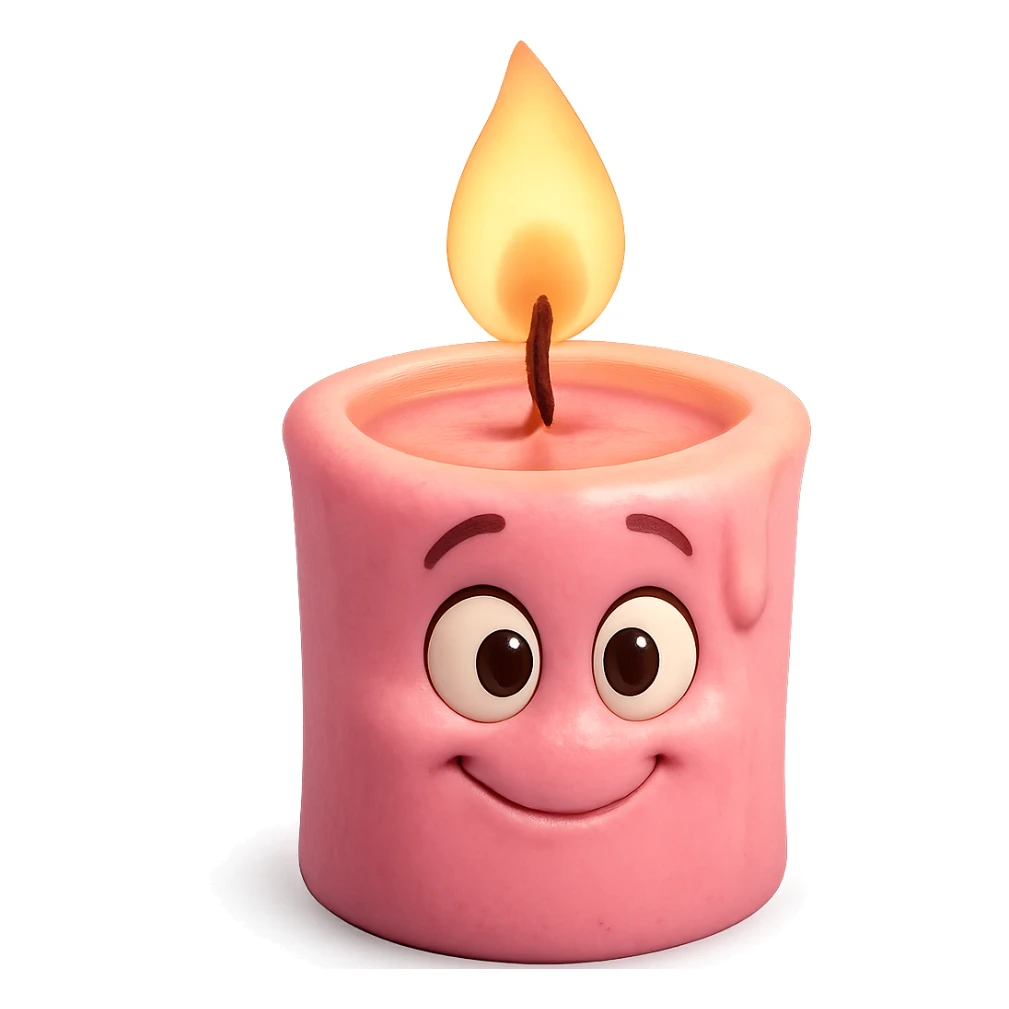 Draw a pink, Pixar-style candle with a flame. The candle should be visible from the front and top. sticker