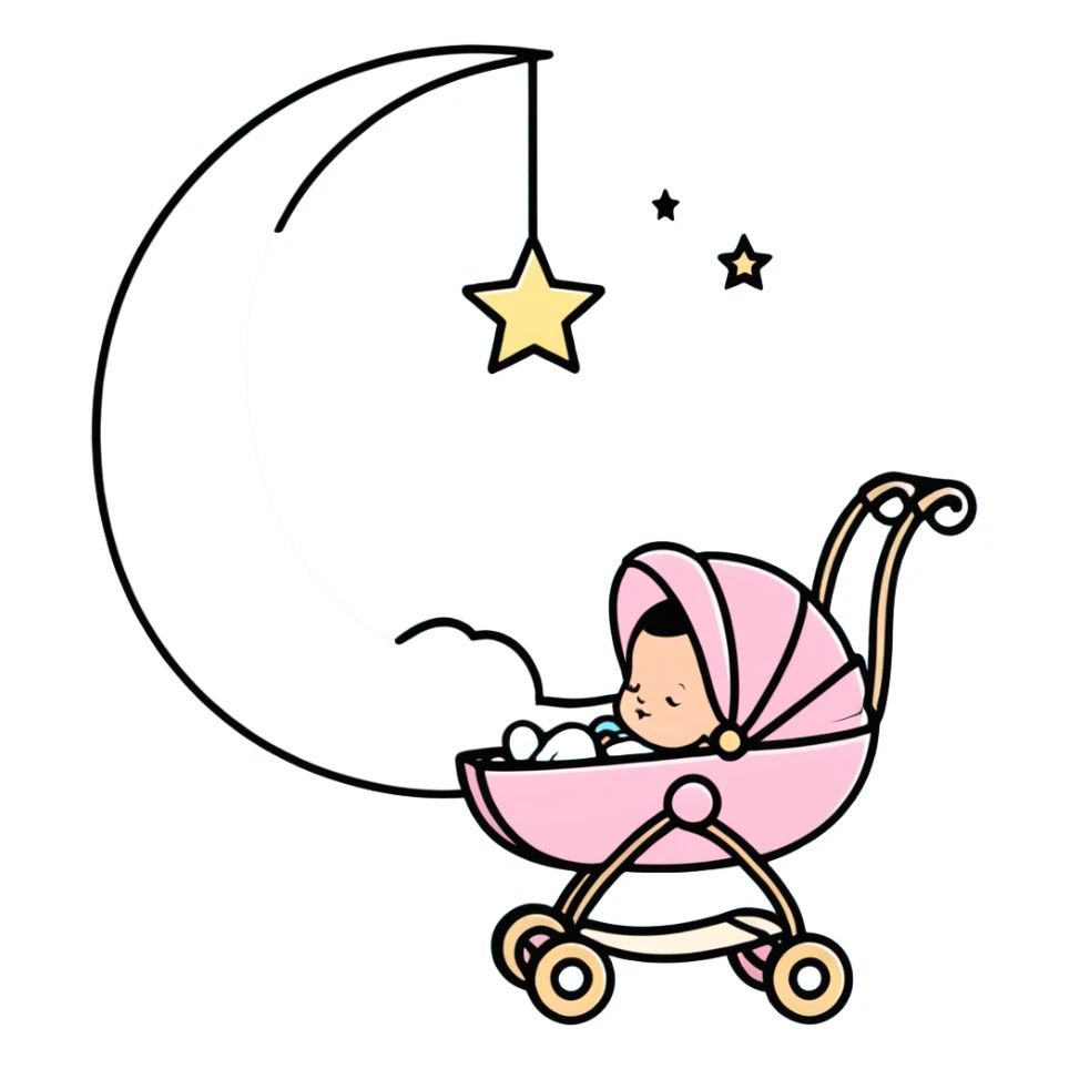 sleeping baby in pink and beige stroller under a crescent moon with sparkling stars and pastel blue clouds sticker