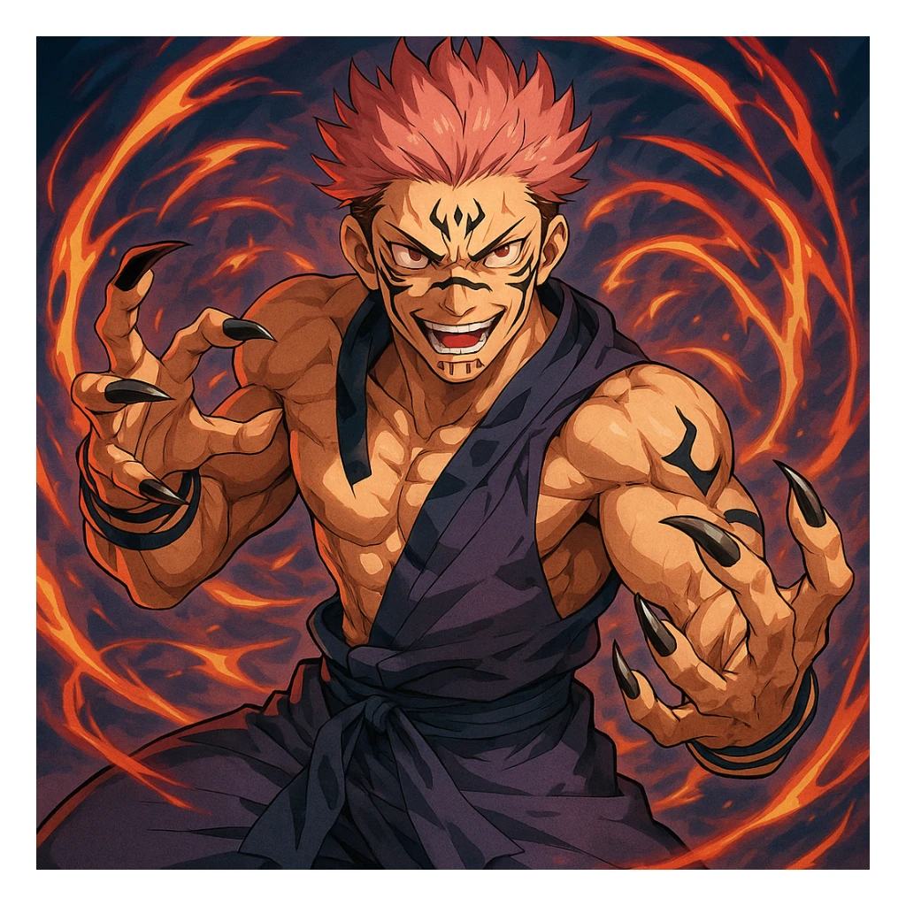 Sukuna character inspired by anime style, visual interpretation 2, detailed, dynamic pose, vibrant colors sticker