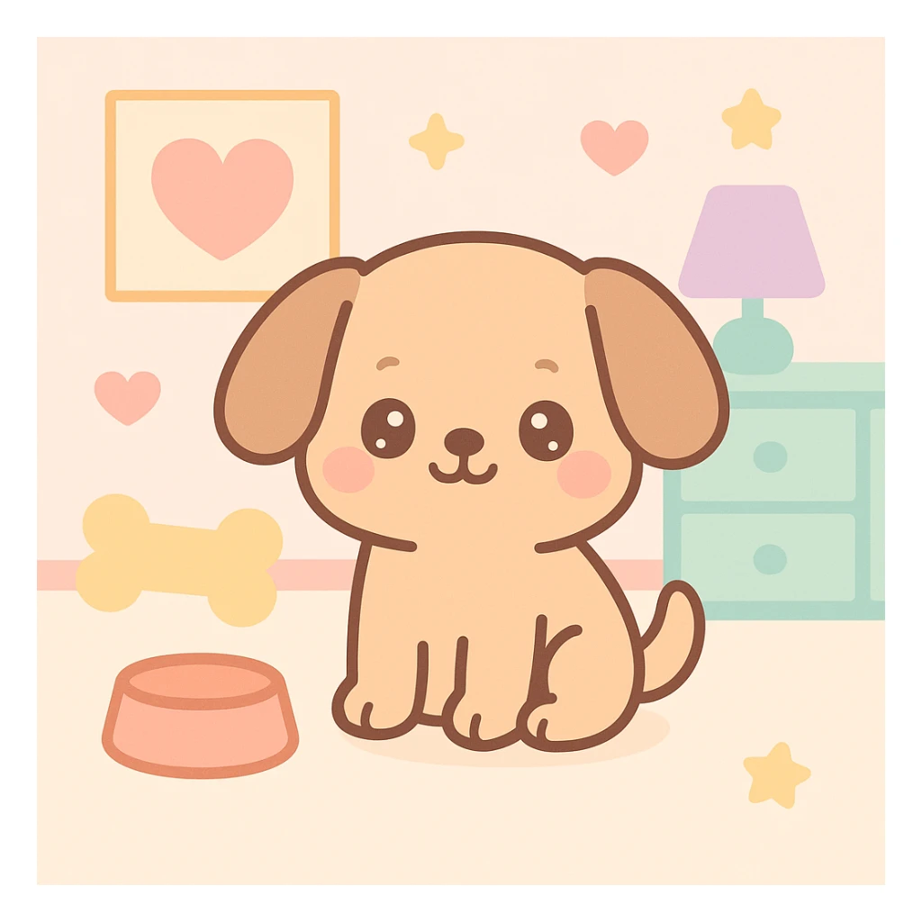 a dog in a playful, colorful room, kawaii style sticker