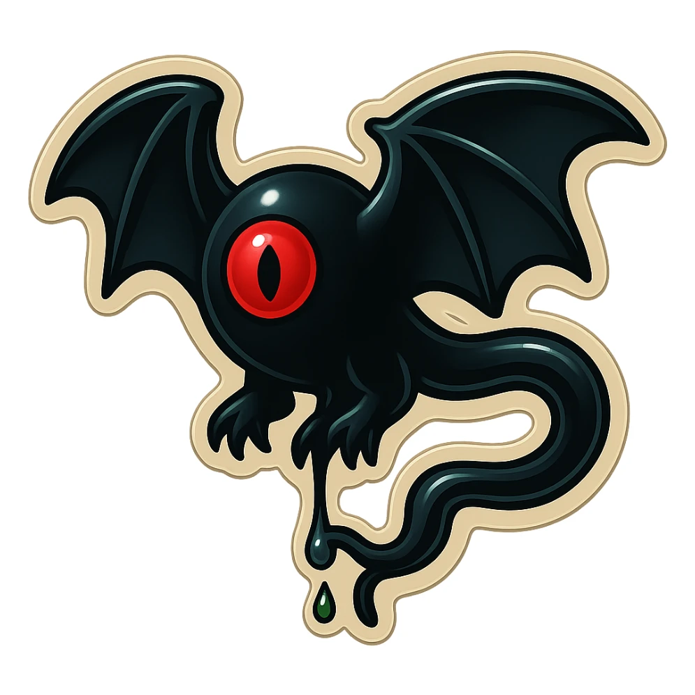 an all black reptilian bat-like creature. One cyclopian red eye in its face. no visible mouth or ears. 2 hind legs with claws. has a long tale with a stinger that drips green poison sticker