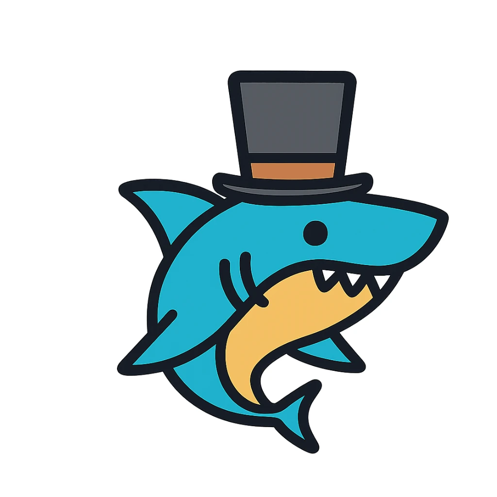 shark in a top hat, playful, minimal, no background, clean and simple lines sticker