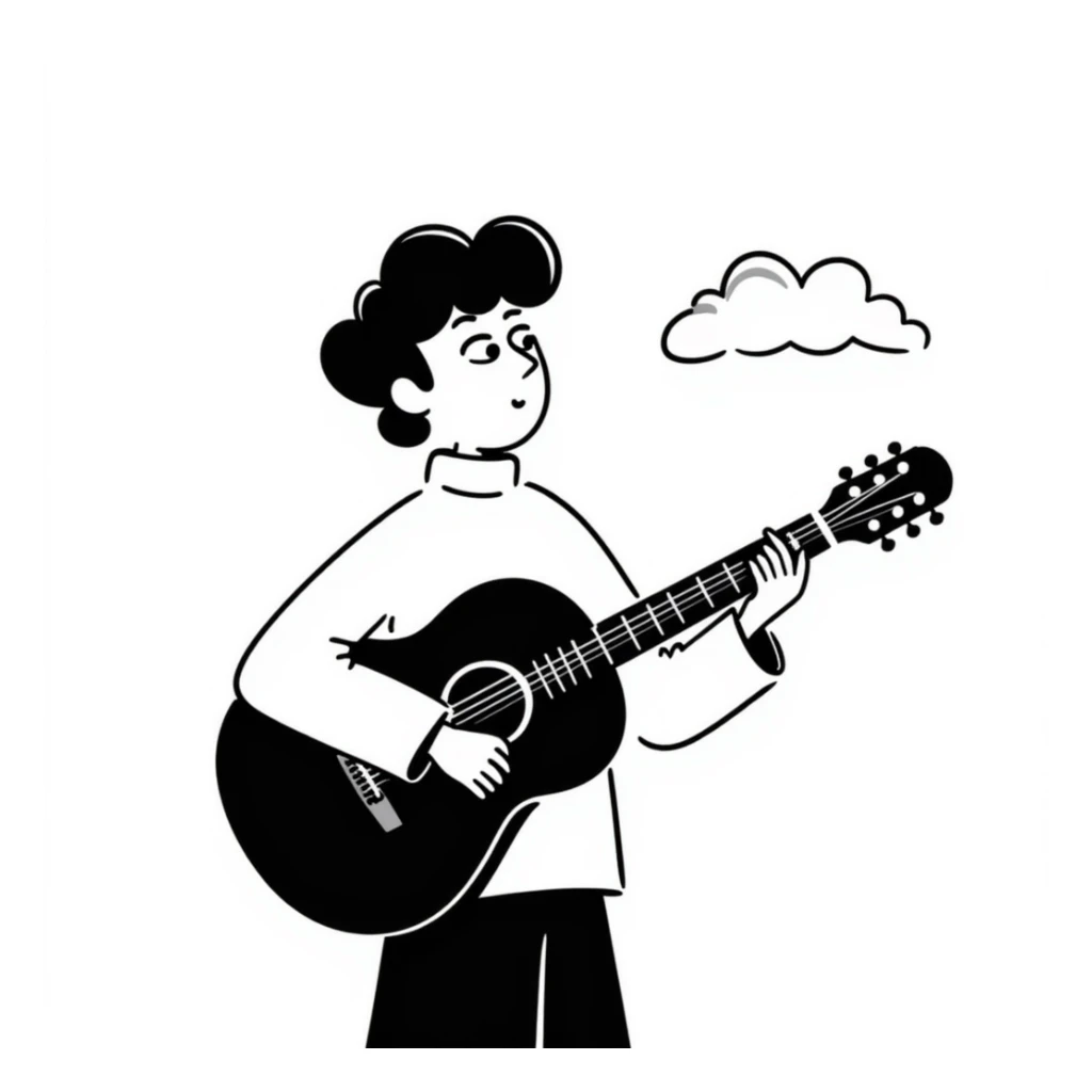 A musician holding a guitar, with a sad expression, looking up at the sky, waiting for an opportunity sticker
