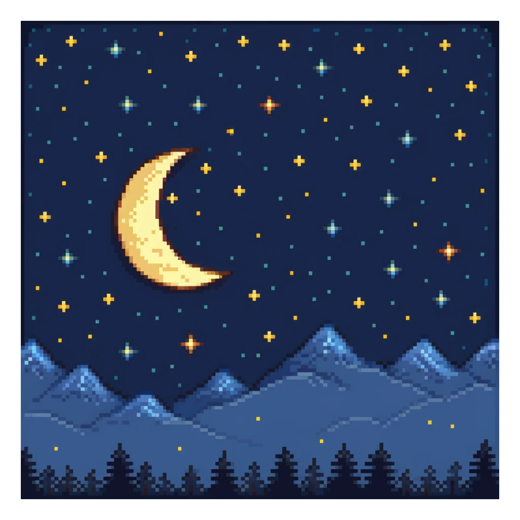 Pixel art starry night sky with twinkling stars and moon sticker