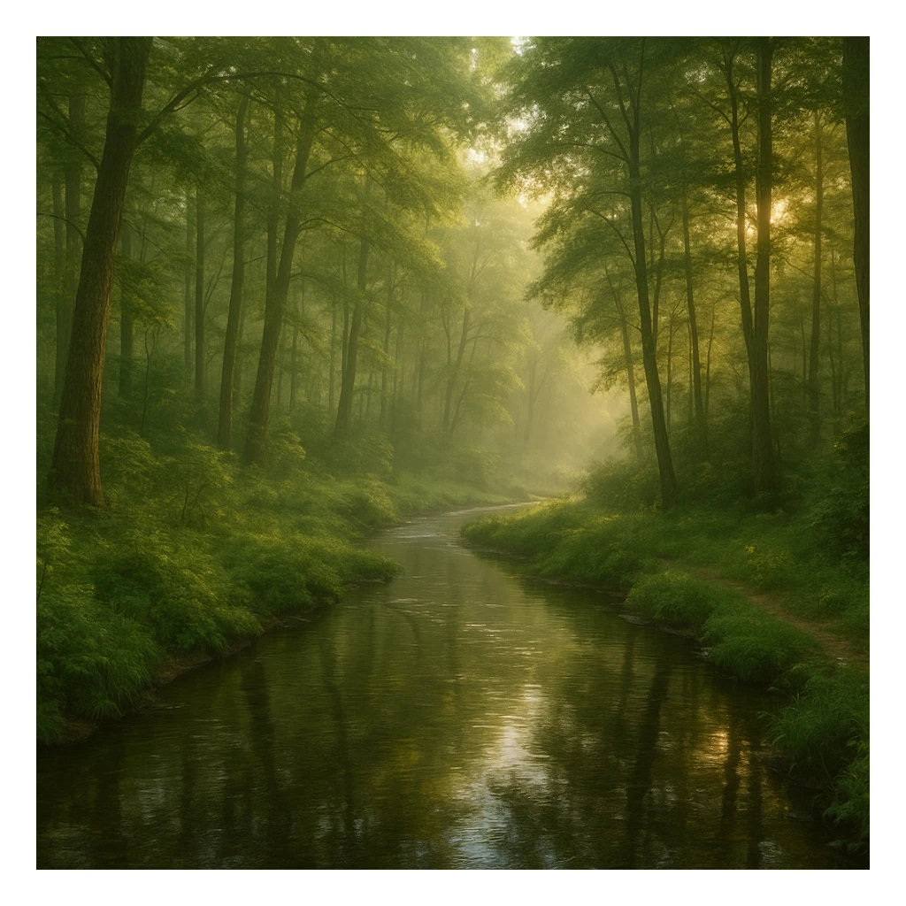 realistic 1920x1080 forest landscape in early morning, dense trees, clear stream winding through foreground, soft golden morning light, lush greenery, detailed water reflections, gentle mist, no wildlife sticker