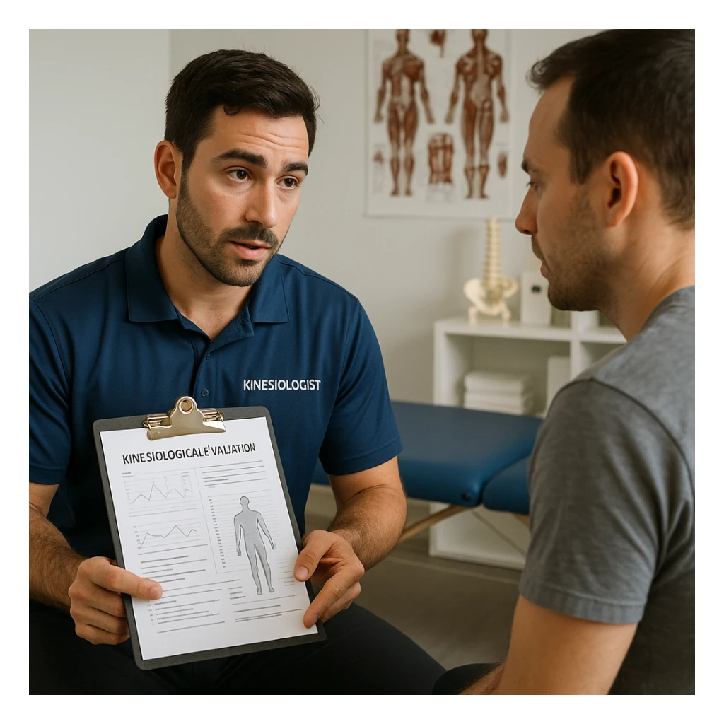 realistic kinesiologist discussing kinesiological evaluation results with a patient in a clinical environment, professional details, inspired by reference photo https://attic.sh/r66tucayi7ewfjges2vhulor9bux sticker