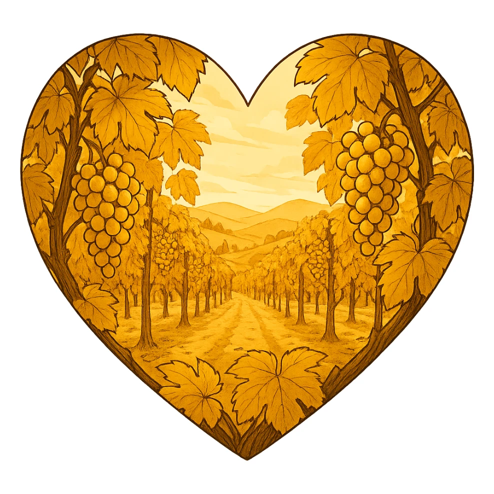 heart with a golden autumn vineyard, clean digital illustration, no background sticker
