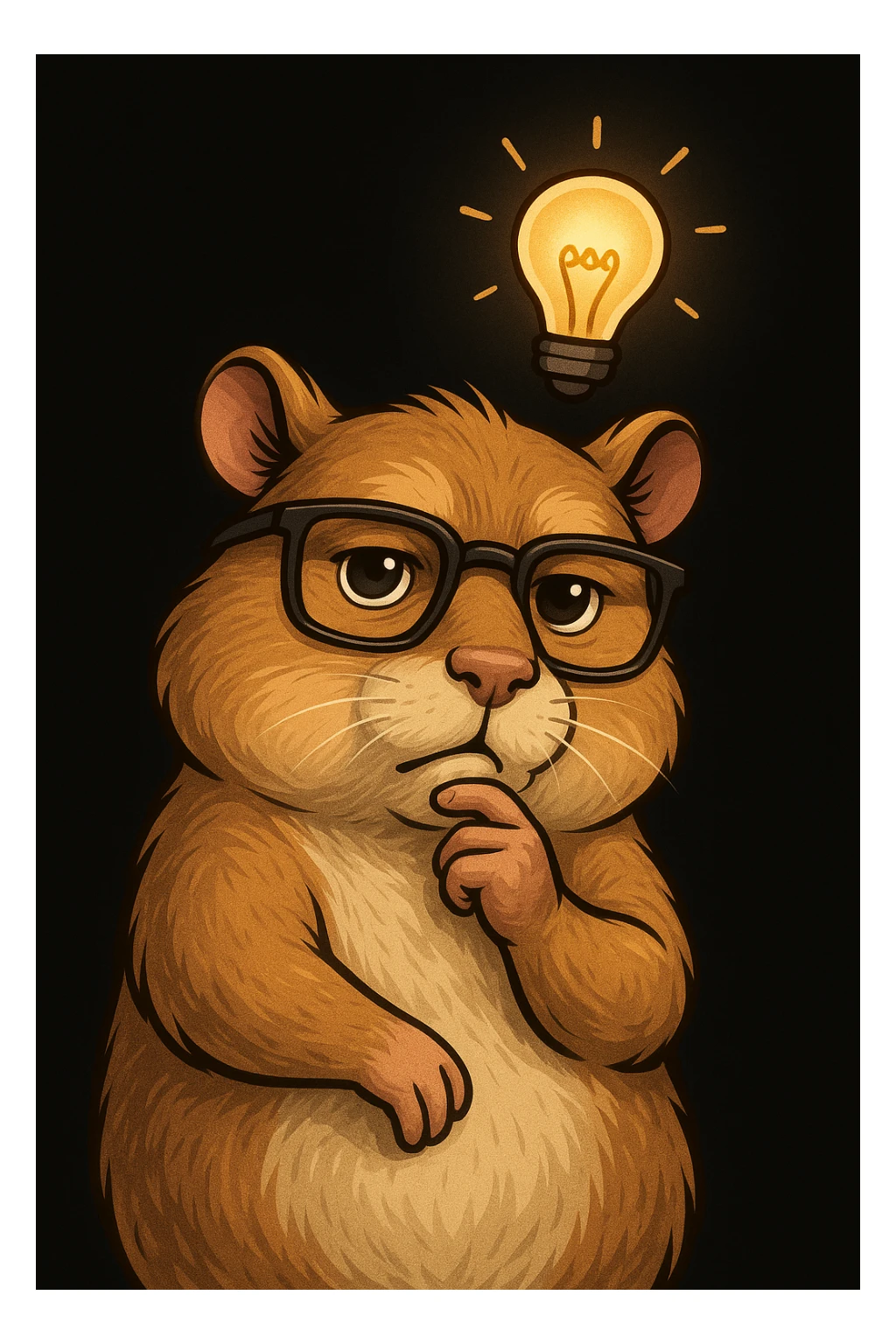 detailed cartoon hamster in a thoughtful pose, stylish glasses, glowing idea bulb, mature and modern look, solid black background sticker