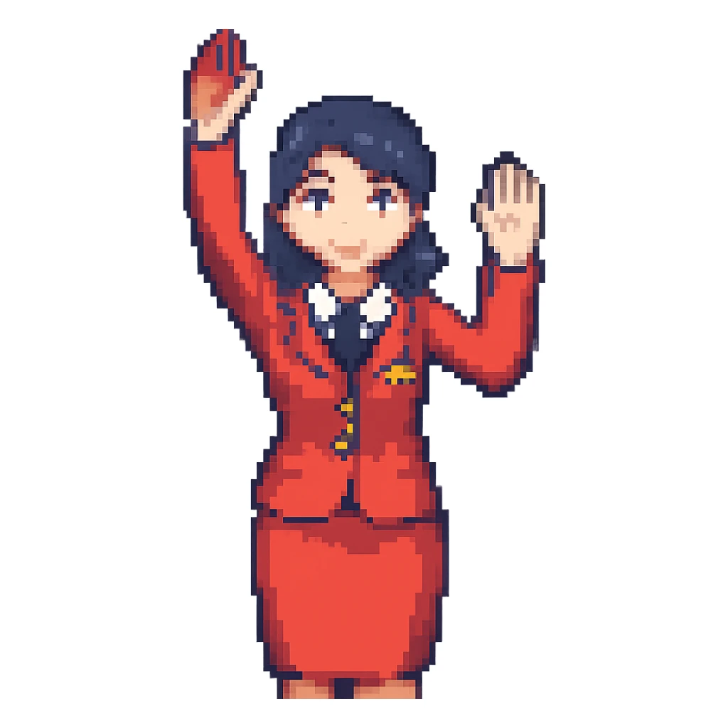 Remove the hat from the flight attendant, keep the red uniform, in the style of pixel art emoji style. sticker