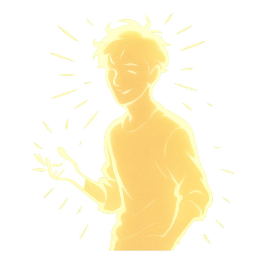 radiant young man with a soft glow and captivating energy, symbolizing lighthearted chaos and allure, in a minimalist silhouette sticker