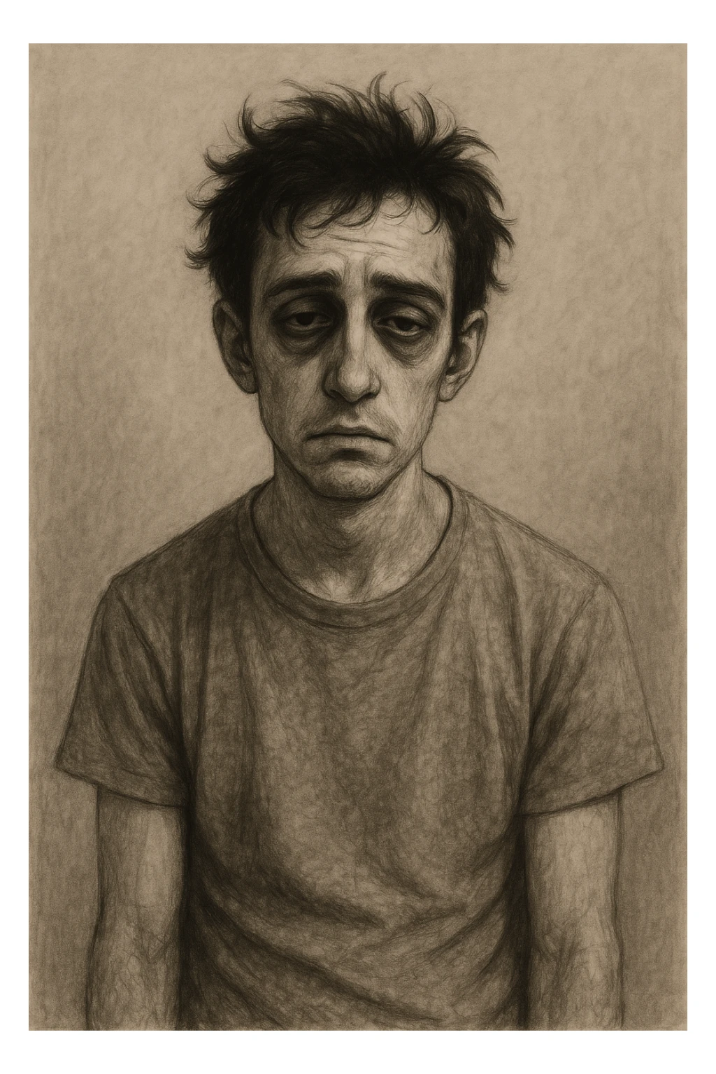 an exhausted person with dark circles under eyes, drooping shoulders, messy hair, neutral background sticker