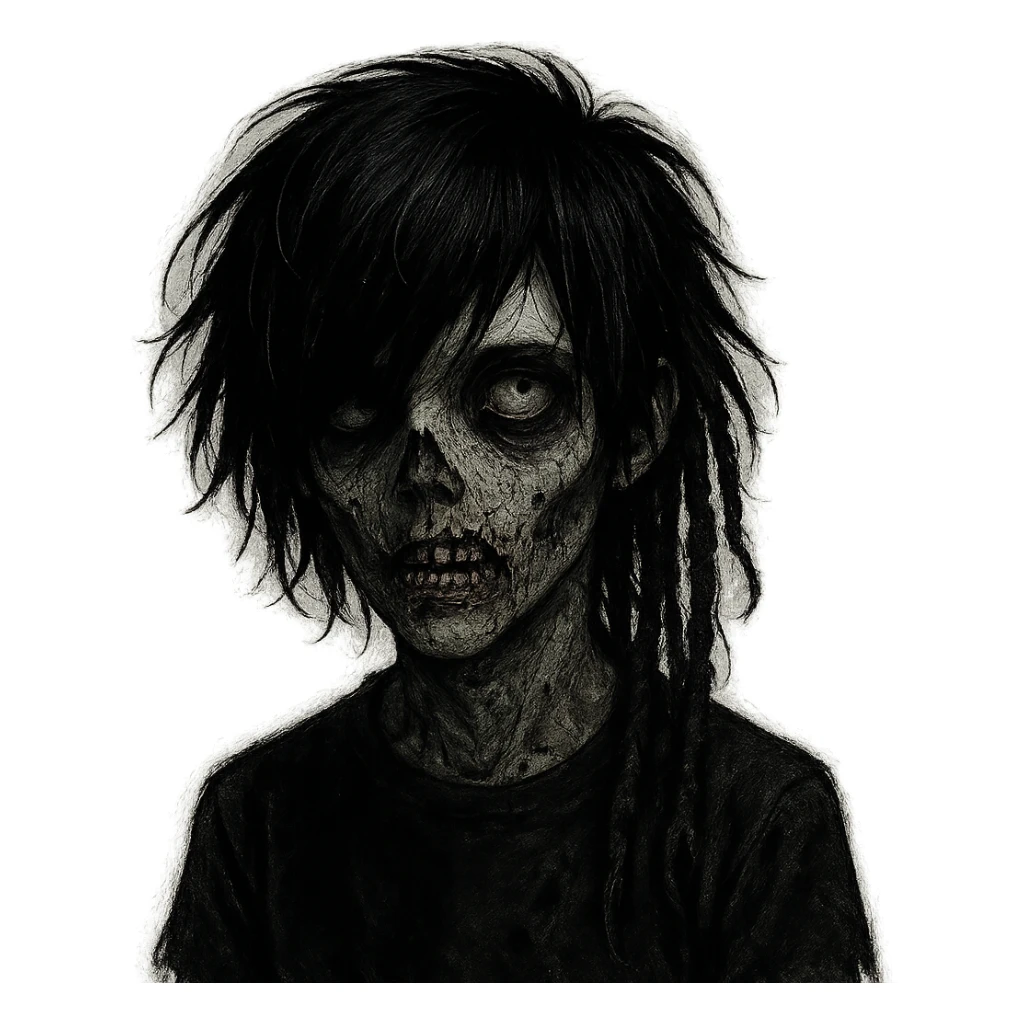 boy zombie with black medium-long shaggy hair and dreads, emo style, dark and spooky, creepy face sticker