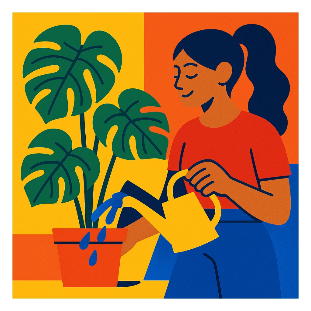 woman watering her monstera plant sticker