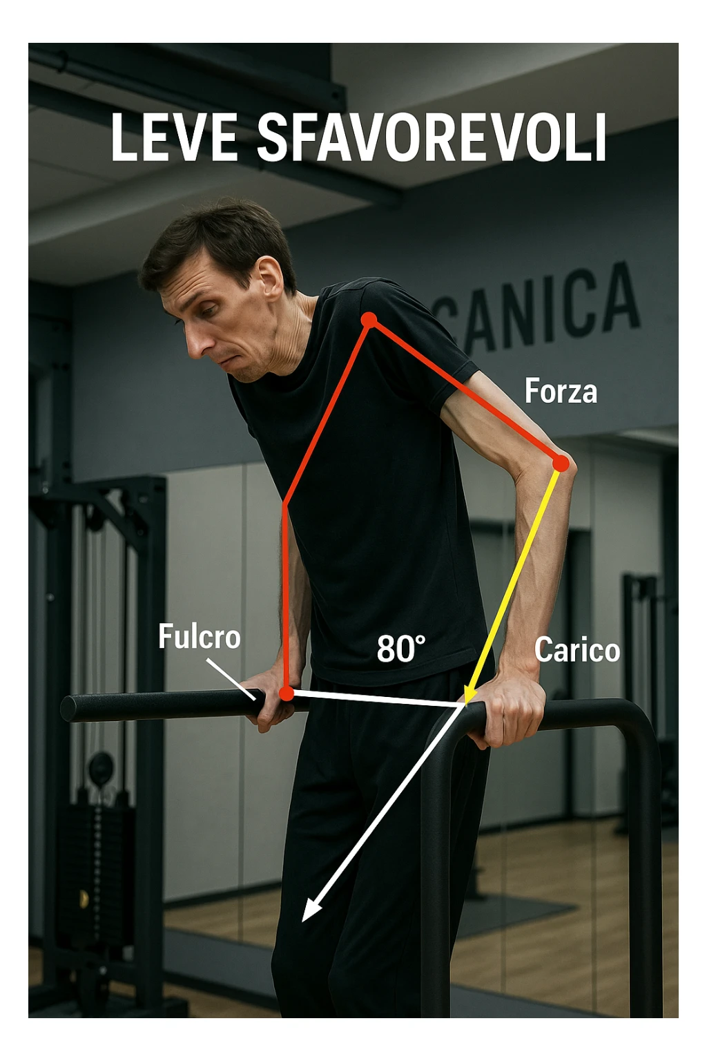a tall, lean man with very long arms and a short torso attempts a dip on parallel bars. His elbows are deeply bent and his body appears awkwardly positioned, highlighting the mechanical disadvantage. An overlay shows anatomical lines and angles, with labels explaining “Leve Sfavorevoli” The background is a modern gym, with a focus on biomechanics. in italiano sticker