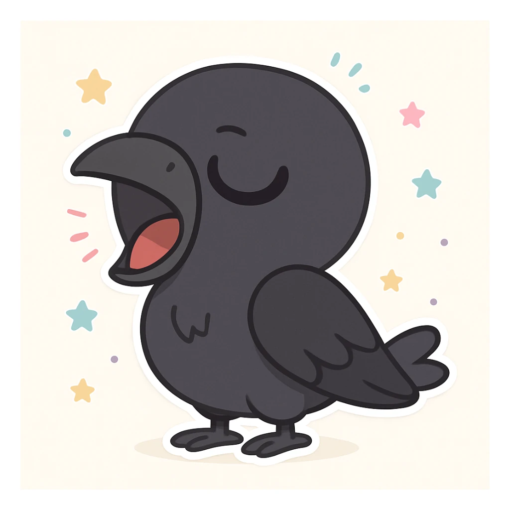 Make the raven a much darker color, nearly black, while keeping it cartoonish and sleepy in chibi stickers style. sticker