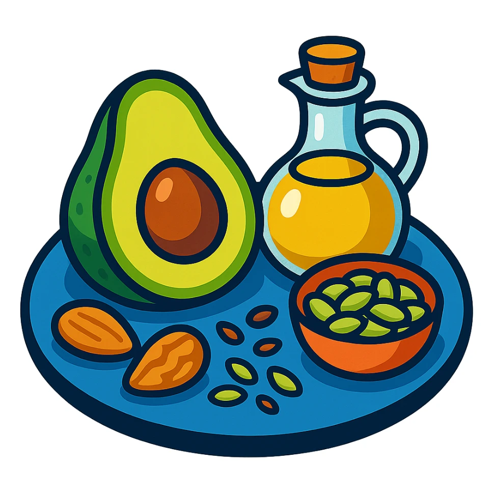 plate with avocado, nuts, olive oil, and seeds in vibrant toon style sticker