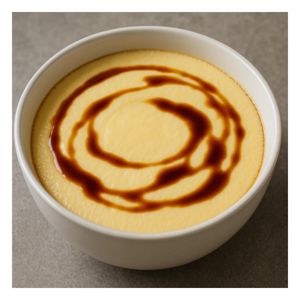 steamed egg, Chinese style, smooth surface, soy sauce drizzle, in a white bowl sticker