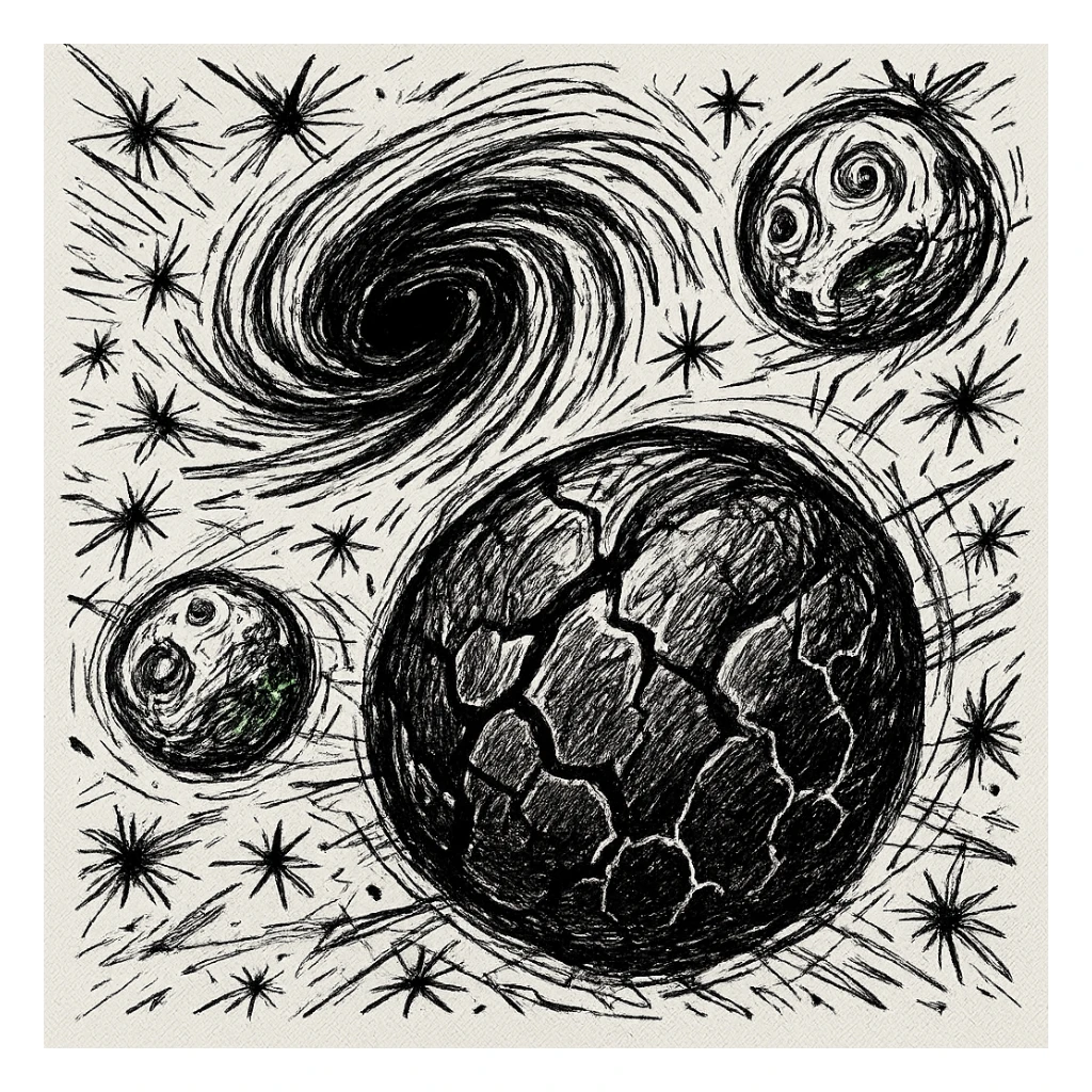 map of dark back ward -“A dark cosmic region orbiting a massive black hole. No sunlight. A dead solar system with twisted planets and moons circling in silence. Monde Noir looms in the foreground — a cracked, obsidian planet with no atmosphere. Its moon, Oblieth, floats nearby, scarred and pitted, with faint green lights glowing from within cave openings. Stars are distorted and streaked by gravitational lensing. The entire scene is heavy, quiet, and surreal.” sticker